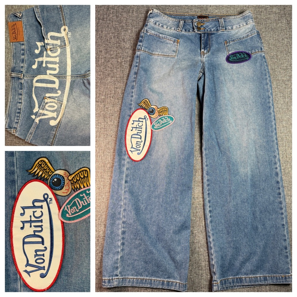 Womens Von Dutch Jeans 28 (Size 6-8) Blue Baggy Wide Leg Patch Logo Y2K Vintage